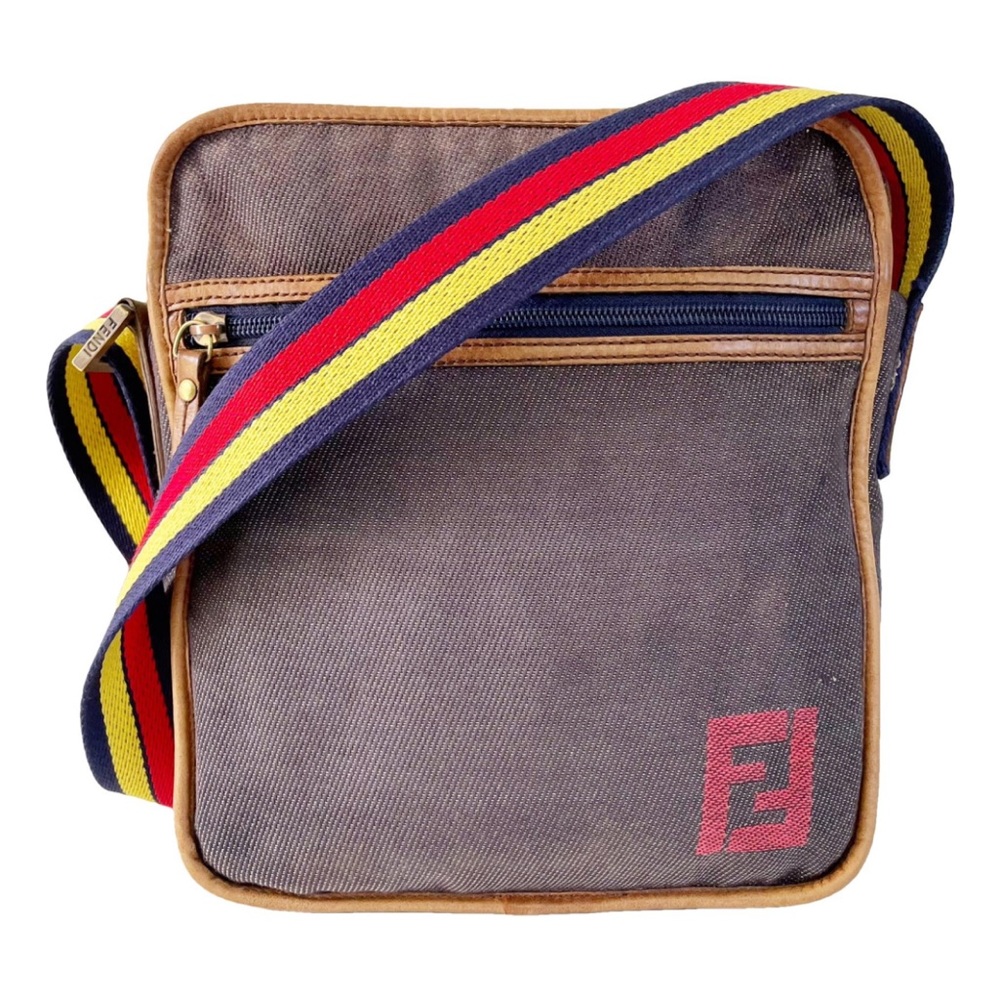 Fendi gray denim brown leather unisex crossbody bag